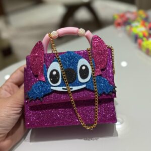 Bolsinha Infantil Glitter com Alça Dourada – Stitch Roxa