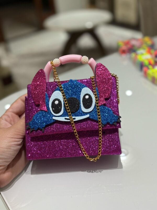 Bolsinha Infantil Glitter com Alça Dourada – Stitch Roxa