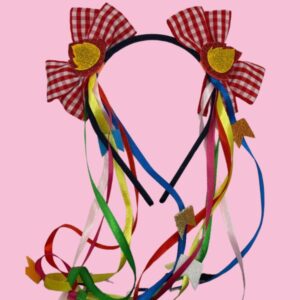 Tiara Junina com Xuxinhas Decoradas – Laço Xadrez e Fitas Coloridas